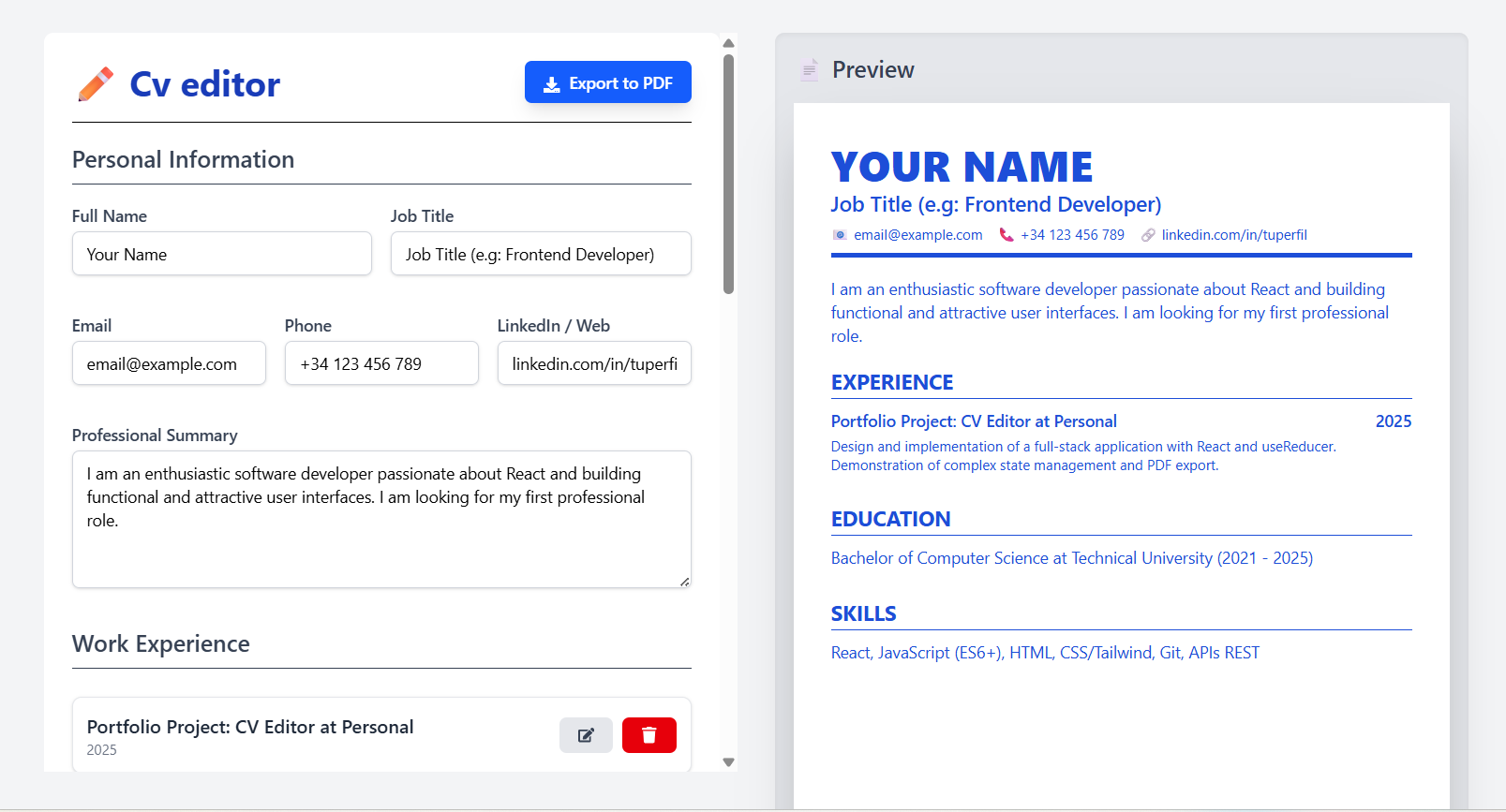 Preview of CV editor